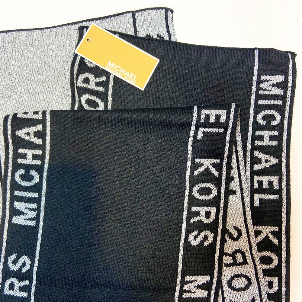 NWT MICHAEL MICHAEL KORS Black and Silver Logo Reversible Scarf HOLIDAY DRESSY